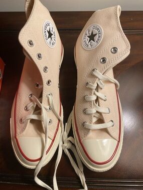 Converse High-Top Canvas Sneakers in Cream with Red Trim